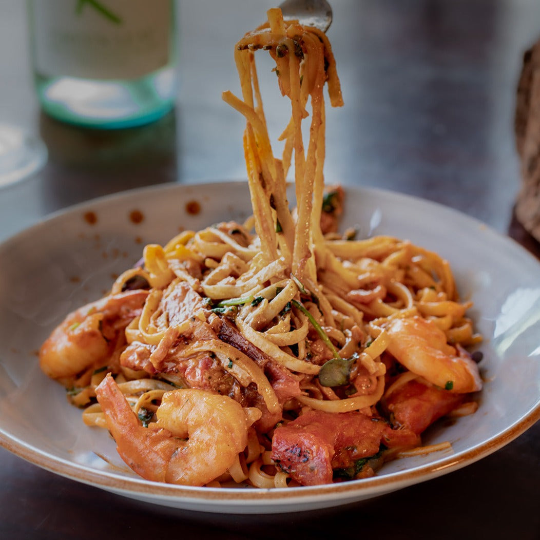 Pappardelle Trismo with King Prawns & Sun-dried Tomatoes